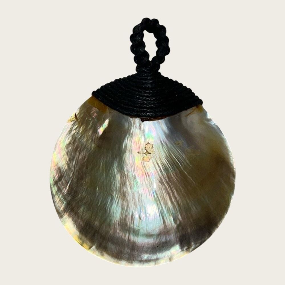 Large Iridescent Mother of Pearl Shell Pendant Black Woven Loop 2.5”